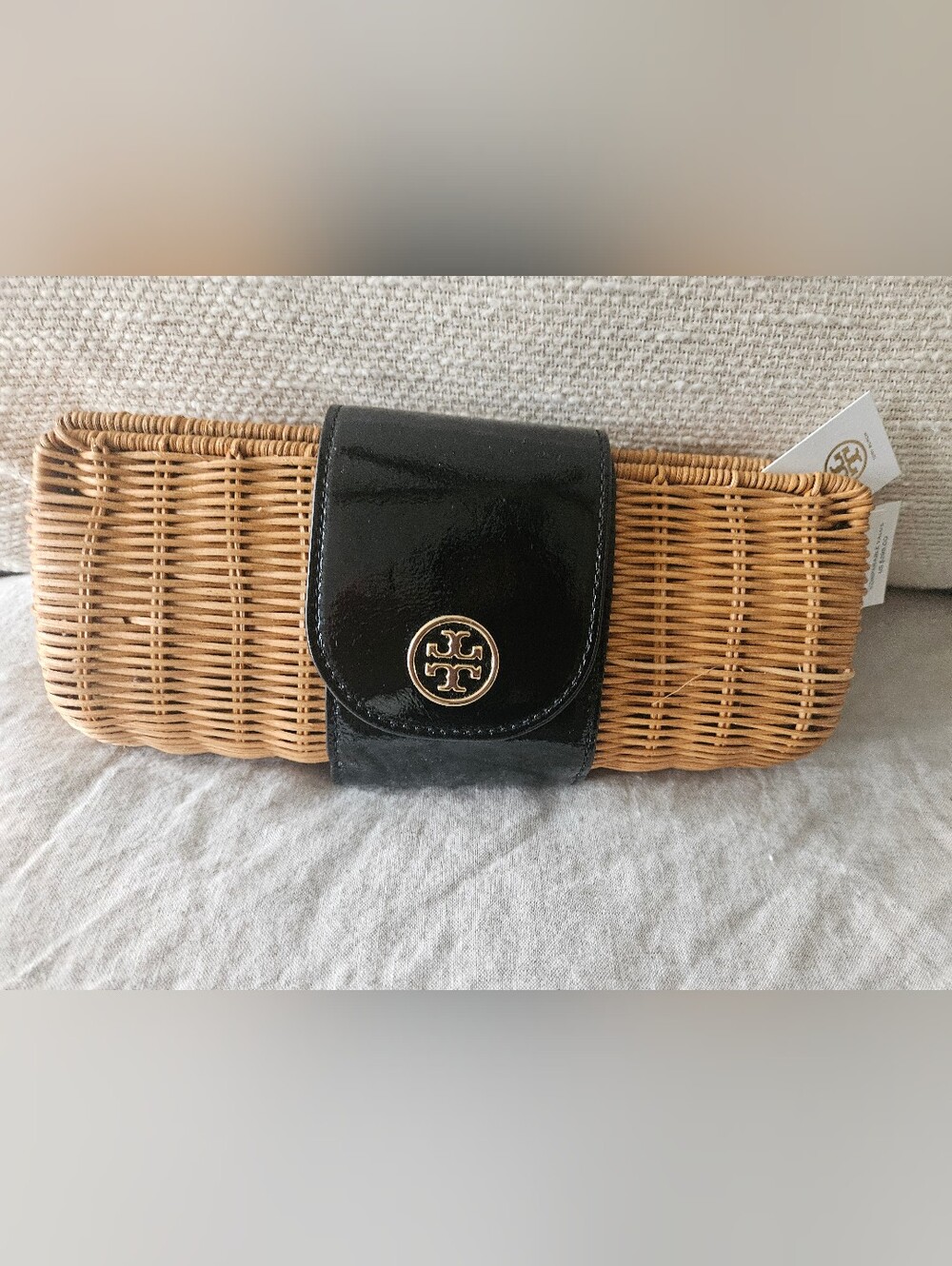 Tory Burch Black Patent & Natural Wicker Clutch